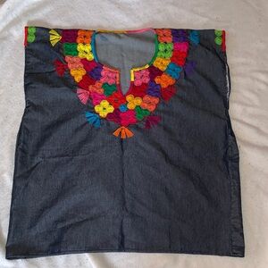 Colorful Embroidered handmade, traditional, Mexican blouse denim one size